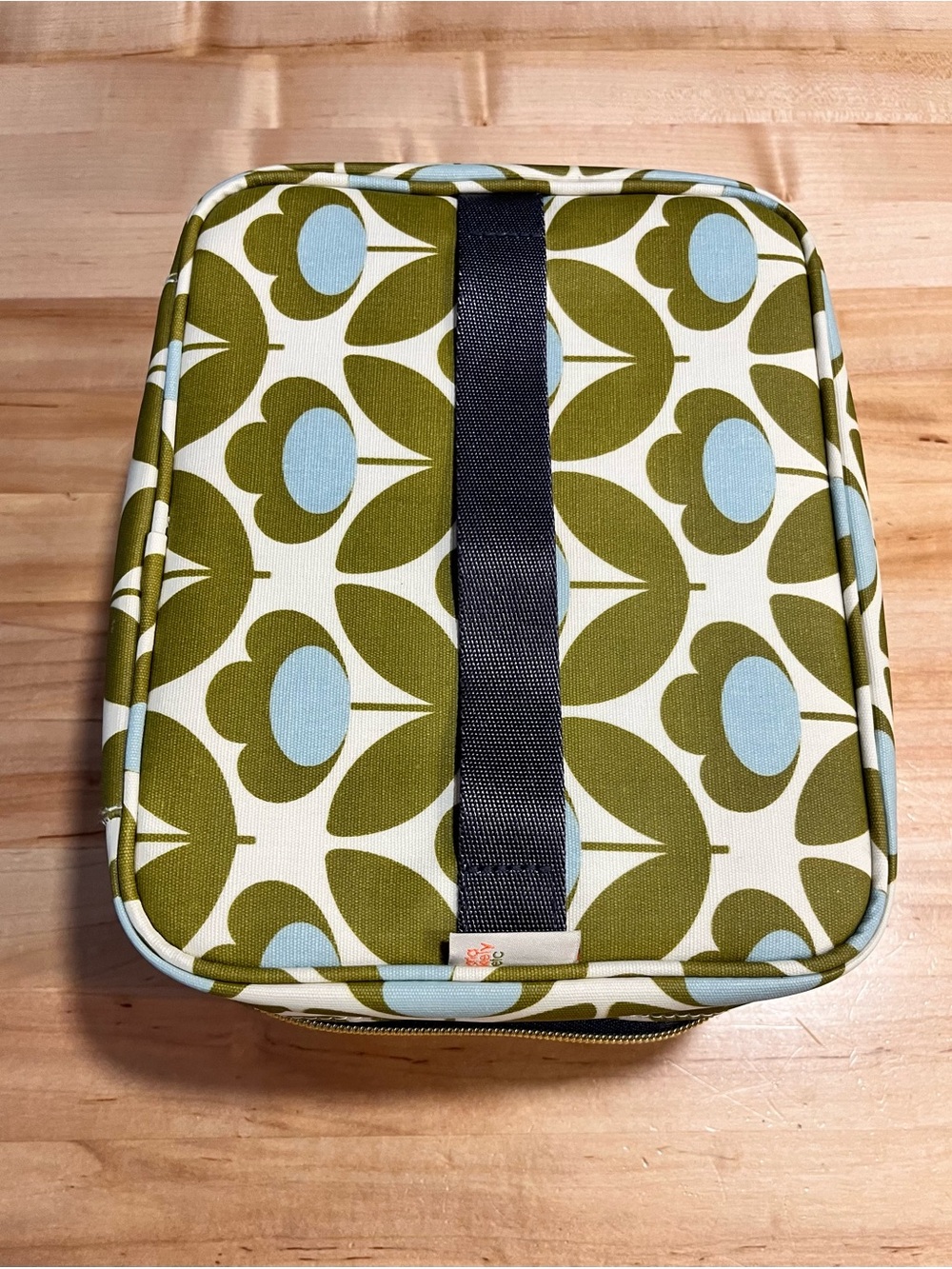 Orla Kiely Olive Green & Light Blue Floral Makeup Organizer with Black Handle